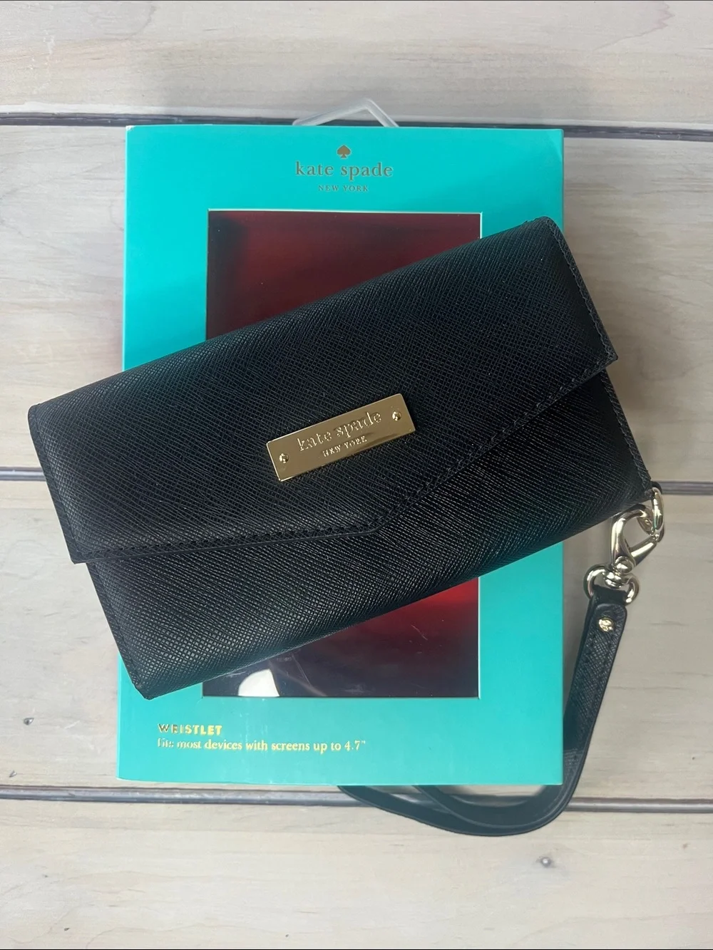 kate spade Black Saffiano Wristlet Clutch with Gold Plaque